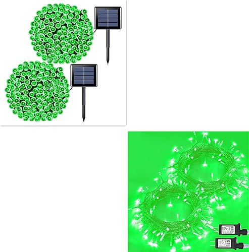 JMEXSUSS Paquete de 2 tiras de 200 luces LED solares/2 paquetes de 100 luces LED de cadena verde
