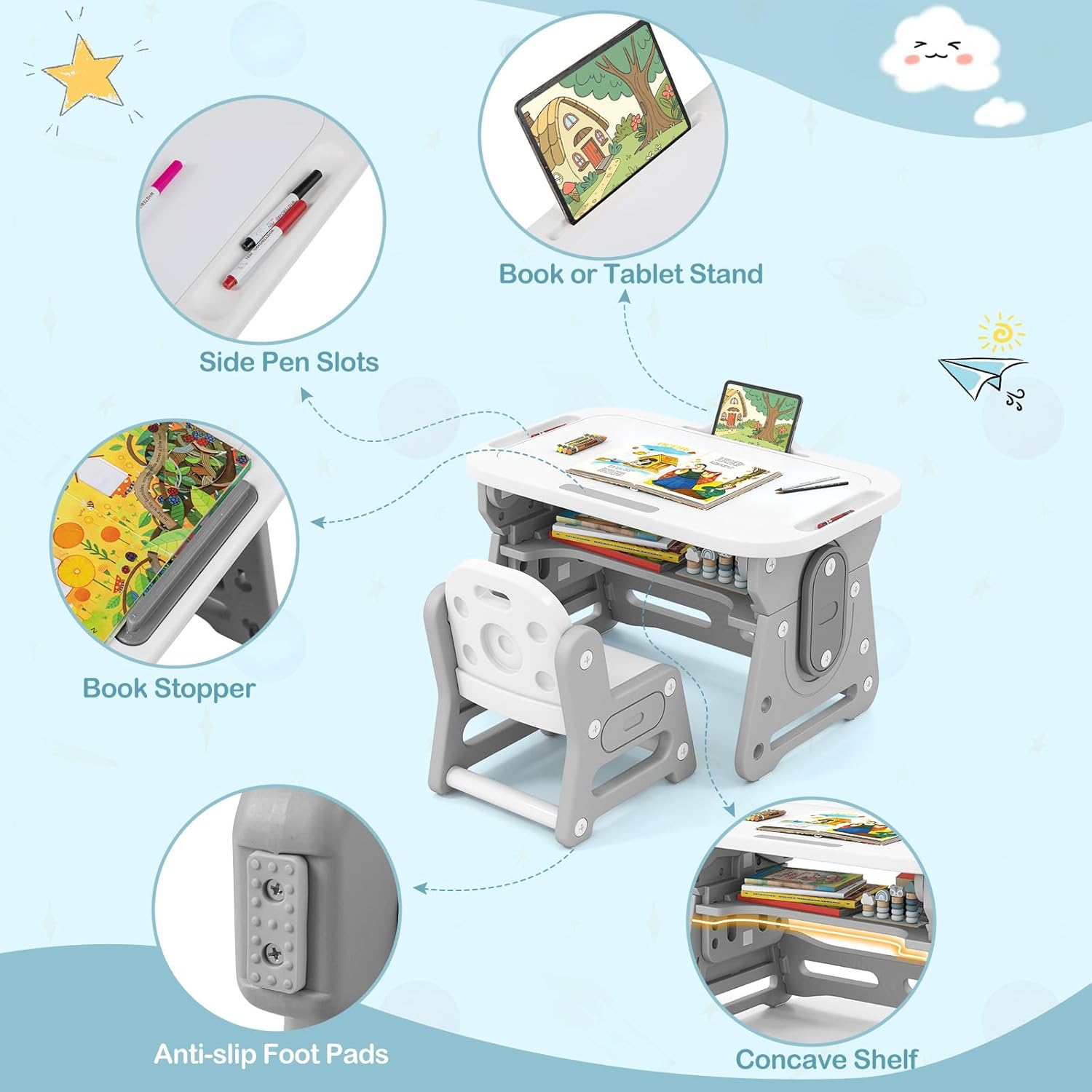HONEY JOY Kids Table and Chair Set, Height Adjustable Children Activity Set w/Tiltable Graffiti Whiteboard, Storage, Markers & Eraser, Toddler Table and Chair Set for Daycare Playroom Classroom (Grey)