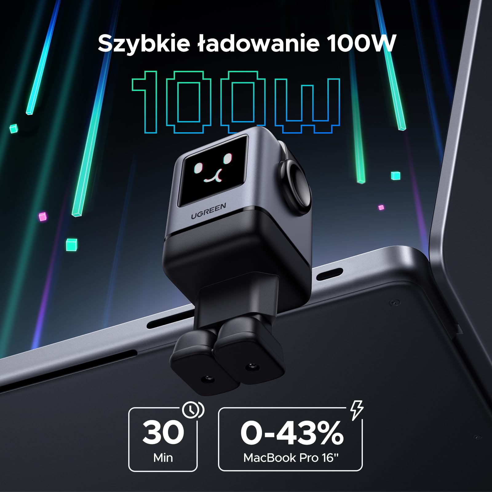 UGREEN UNO USB-C Ładowarka 100W z 4 portami, Robot ładujący, LED Display | ładowarka do laptopa, Stan naładowania za pomocą emoji, kompatybilna z MacBook Pro/Air, iPad, iPhone, Galaxy S26
