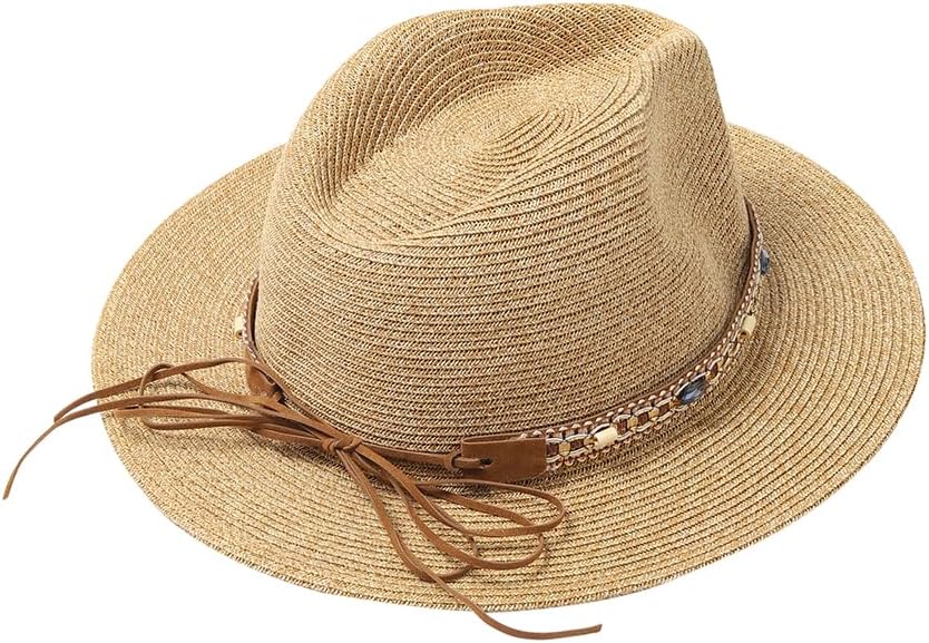 Nollia Western Straw Cowboy Hat for Women - Wide Brim Sun Hat with 3 Interchangeable Beaded Bands, Adjustable Fit, Lightweight & Breathable for Festivals, Rodeos, Travel & Outdoor Adventures Khaki