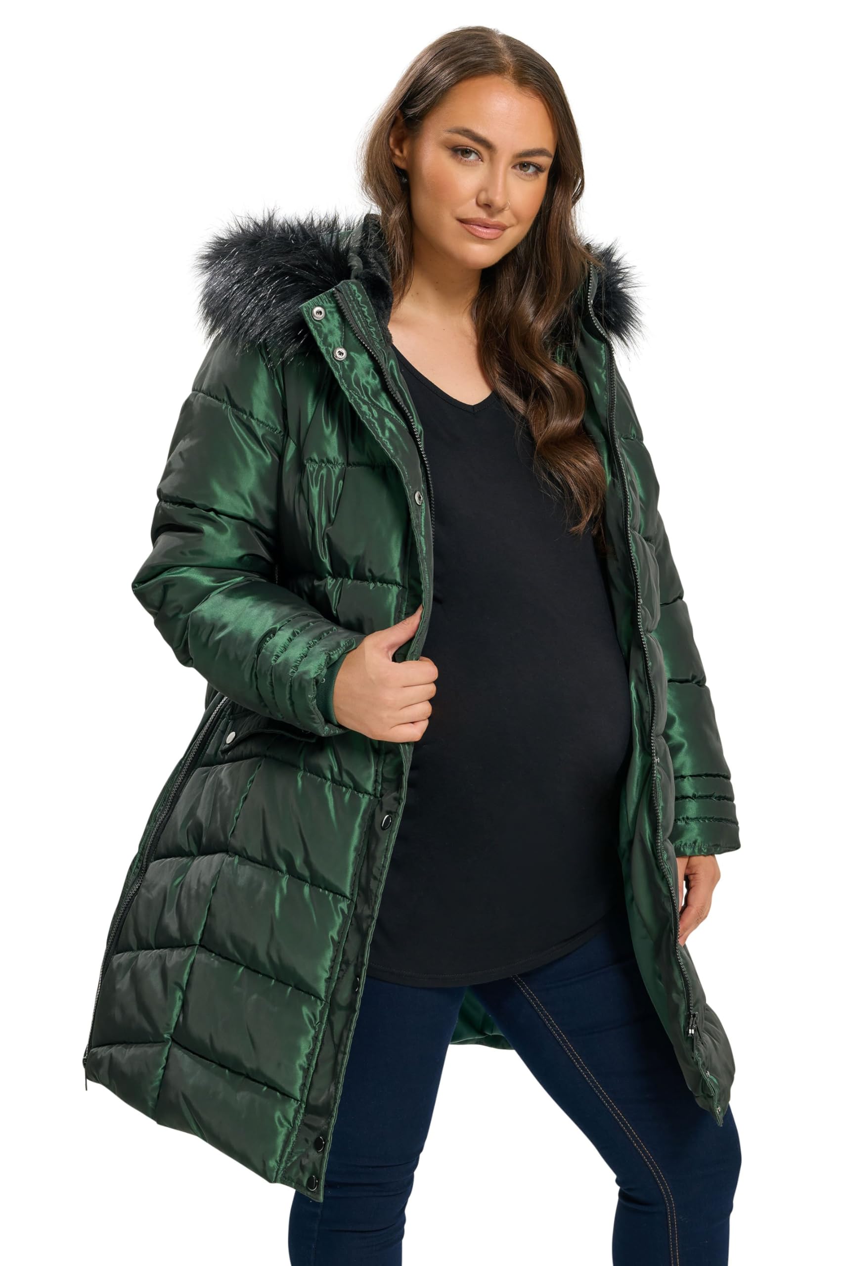 Yours Women's Dark Green Bump It Up Maternity Curve Green Panelled Puffer Midi Coat - Plus Size Curve