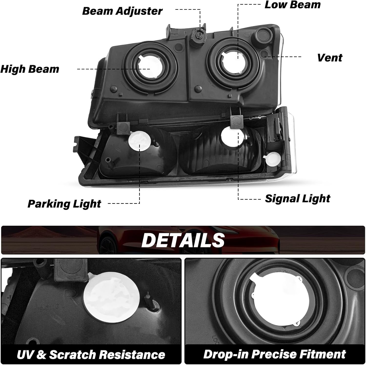 Bingbingmotor BRYGHT 4PCS Fits for 2003 2004 2005 2006 Chevy Silverado Headlight Assembly 03-07 Avalanche 1500 2500 3500 HD NON Body Cladding w/Bumper Lights Pair, Black Housing & Clear Reflector