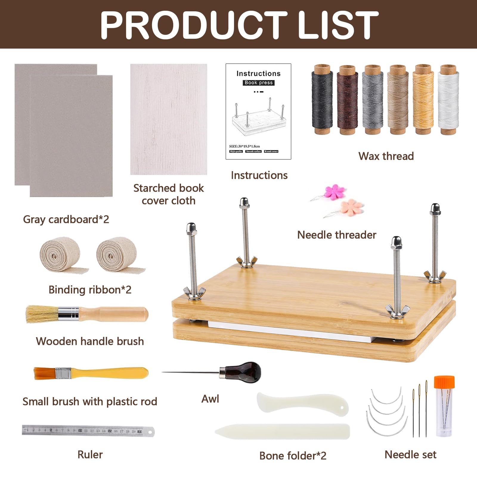 BONJUME Presse à Livres En Bois, Kit De Reliure Multifonctionnelle Outil De Reliure Book Press En Bois Manuel Accessoires Pratiques étiquettes De Reliure DIY Presse à Reliure - 30 x 19,2 cm