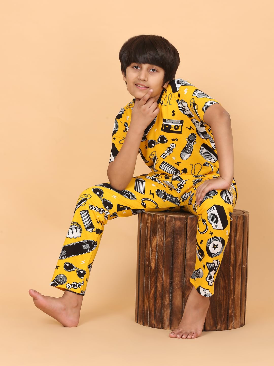 Ninos Dreams Half Sleeves Boys Night Suit with Lower-Yellow Skull Print - Image 2 thumbnail