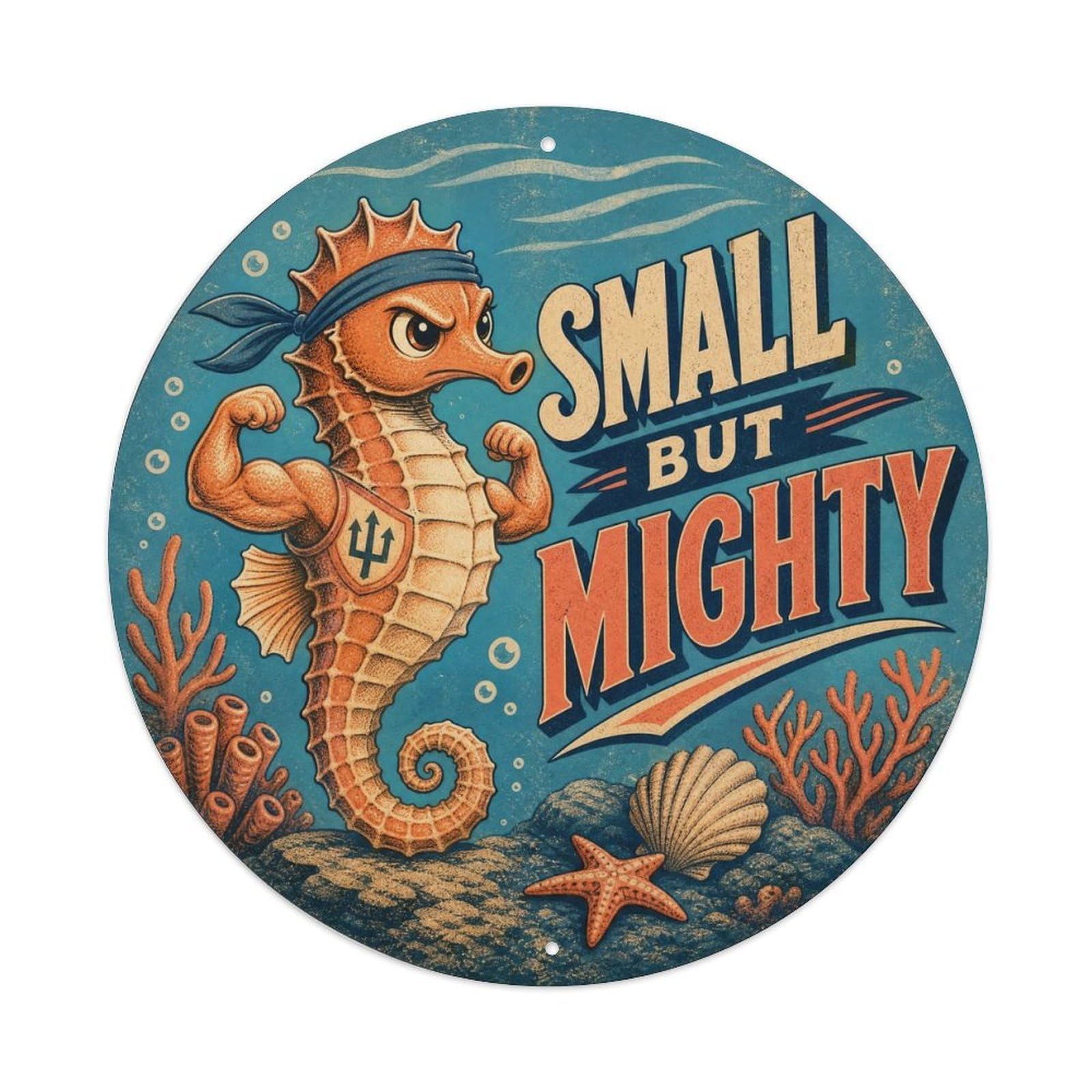 Okngb Style Seahorse Small Mighty Marine Animal Classic Cartoon Metal Tin Sign Plaque Wall Decor For Cafe, Man Cave, Club Bar, Office, Home Garden Round Metal Poster 8X8inch