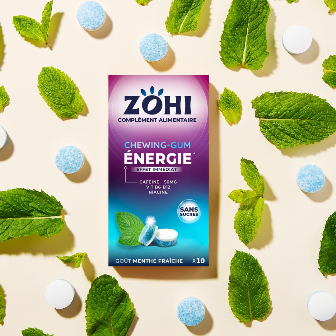 ZOHI Chewing-gum sans sucres avec actifs - Boost Energie - Goût menthe fraîche - Complément alimentaire avec édulcorants - Boîte de 12 plaquettes de 10 chewing-gums