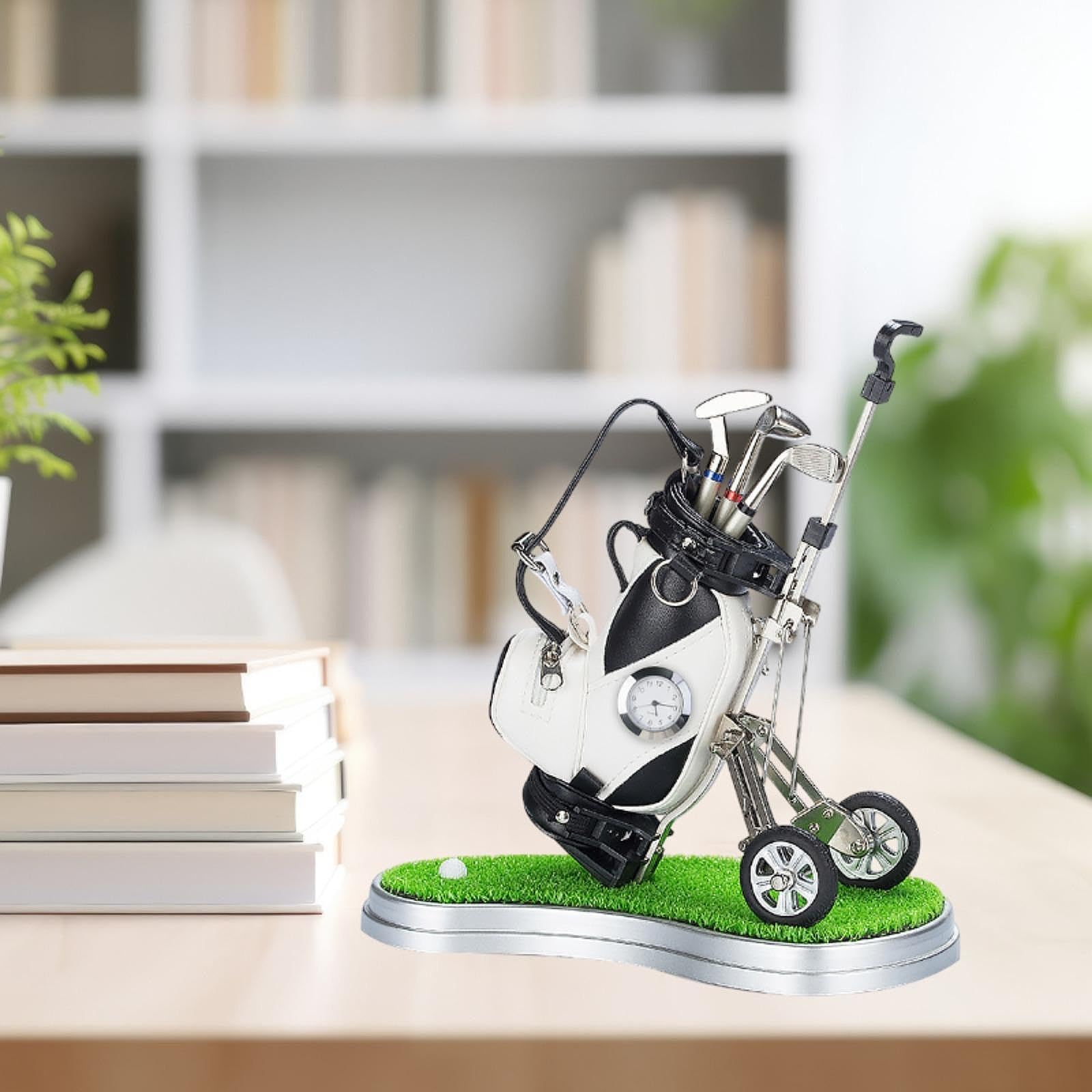 Mini Stiftehalter für Golftaschen mit Trolley Design Und Uhranzeige – Ideal Als Souvenirständer, Geschenk für Büro Und Zuhause, Schwarz-weiss