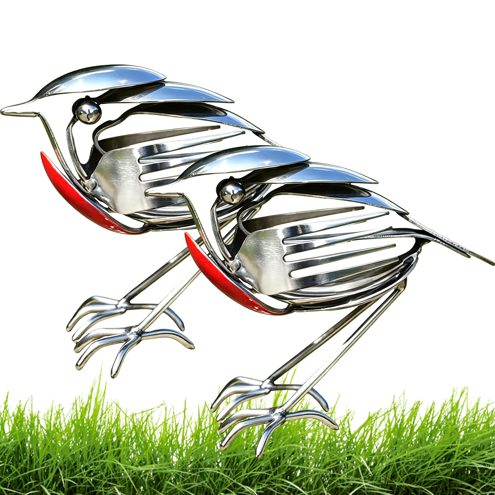 FYKTIK Metal Robin Garden Ornament, Handmade Robin Bird Sculpture, Rustic Fork and Spoon Scrap Metal Art Decor for Home, Garden and Patio, Unique Gift for Bird Lovers (2PCS)