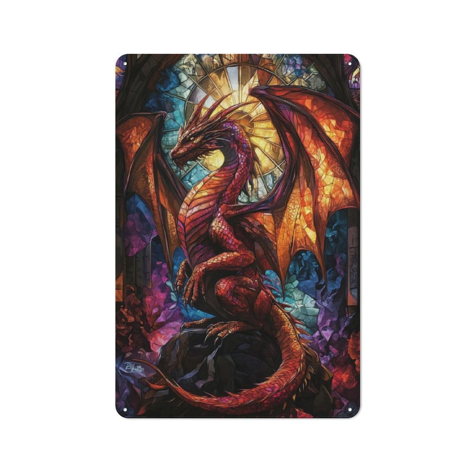 Junmoney Stained Glass Dragon Rustic Metal Plaque 30X20cm For Guest Room Or Hallway, For Home Interiors, Feature Walls And Decorative Displays