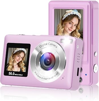 Digital Camera, 2026 Upgraded 56MP Dual-Screens Selfie Digital Camera, Small Cameras with 32GB SD Card Smile Capture, Compact Digital Cameras with 16X Digital Zoom for Beginners Kids Teens Girls