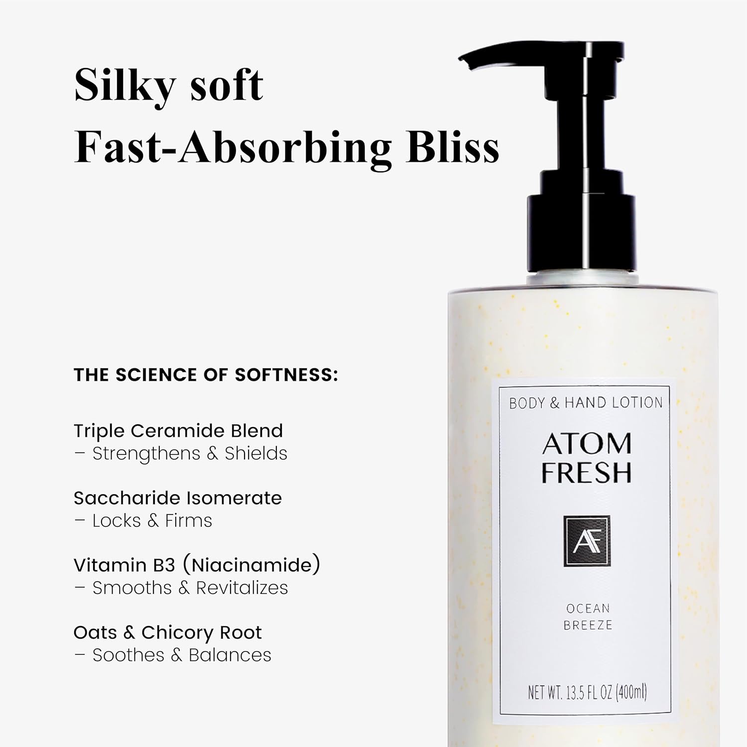 Atom Fresh Body Lotion for Women, Hydrating & Firming Body Moisturizer for Dry Skin, Ceramide & Niacinamide Skin Barrier, Non-Greasy Vitamin E Lotion, Ocean Breeze Scent, 13.5 fl oz - Image 4