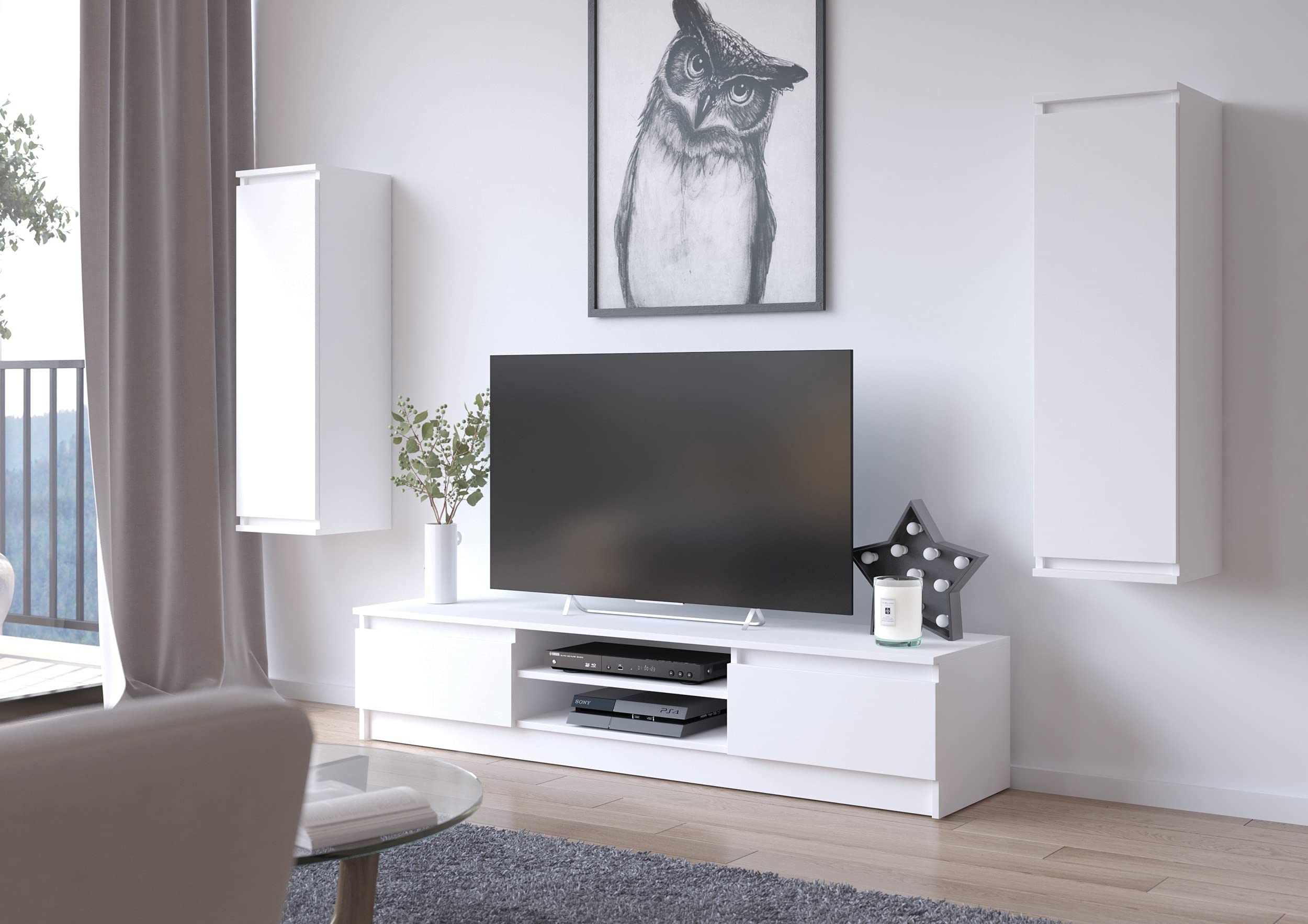 AKORD | Set di mobili 2 Armadi a muro e Mobile per TV | Mobiletto Porta Televisione Soggiorno | Set di Mobili da Salotto Camera da Letto | Piano Laminato | Moderno |Bianco