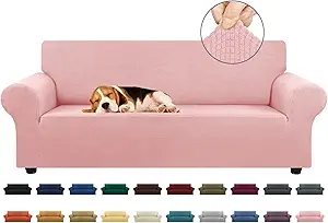 KEKUOU Stretch Sofa Cover Slipcover ,Couch Covers for 3 Cushion Couch Sofa pet Friendly (78"-94") Furniture Protector Sofa with Elastic Bottom for Kids,Dog, Jacquard Small Checked(Large,Dusty Pink)
