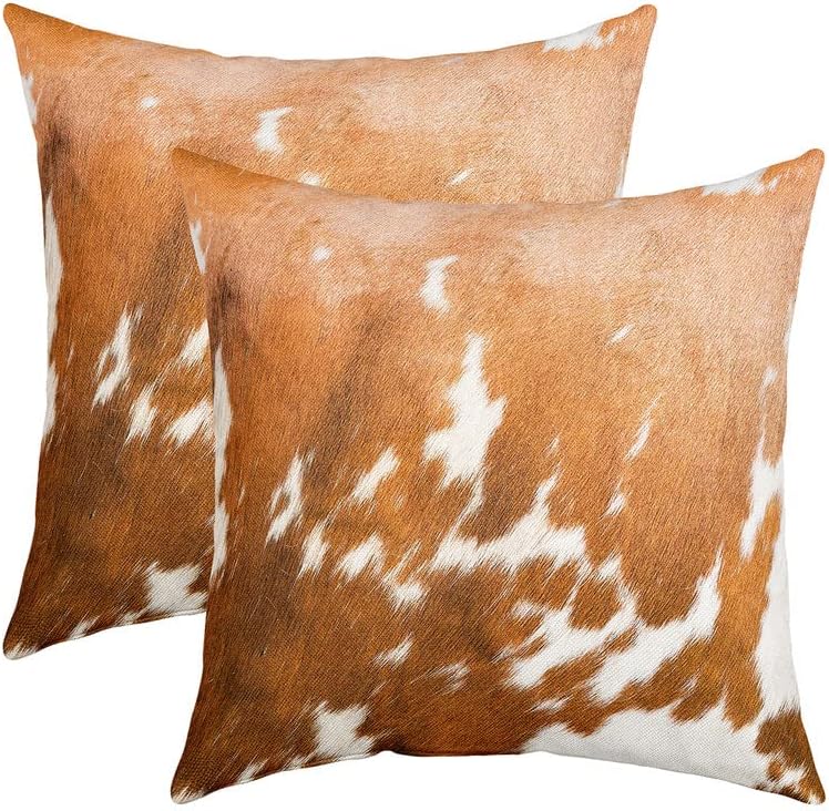 Cowhide Throw Pillow Covers 20"x20" Set of 2 Soft Cow Fur Pillow Cases Cushion Covers for Living Room Bedroom Western Farm Animal Skin White Brown Decorative Throw Pillowcases for Sofa Couch