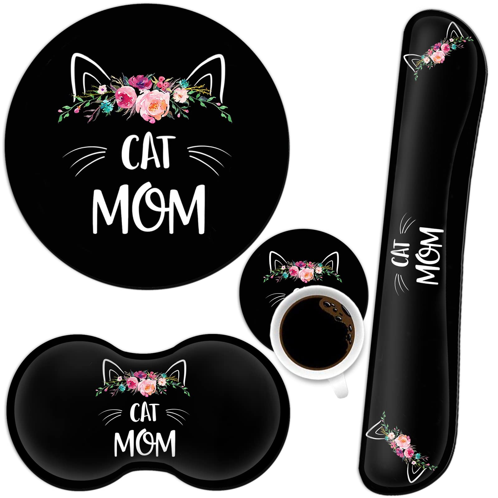 Keyboard Wrist Rest + Mouse Pad + Mouse Wrist Rest Support Set+ Coaster, Ergonomic Memory Foam,4Pcs Keyboard Mouse Pad Set for Computer, Home & Office