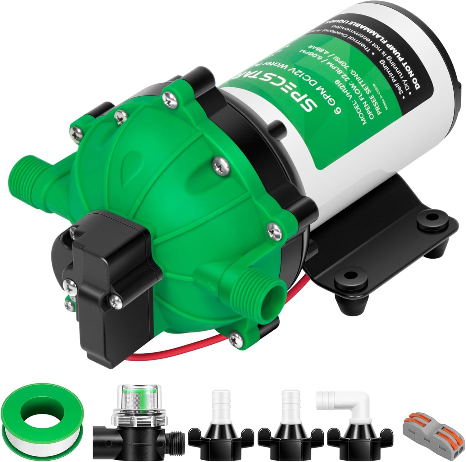 SPECSTAR 51-Series Fresh Water Pump, 12V DC 6.0GPM 70 PSI Self Priming Diaphragm Pump - Include 1/2" Garden Hose Adapters for RV, Marine, Yacht, Garden, Camper