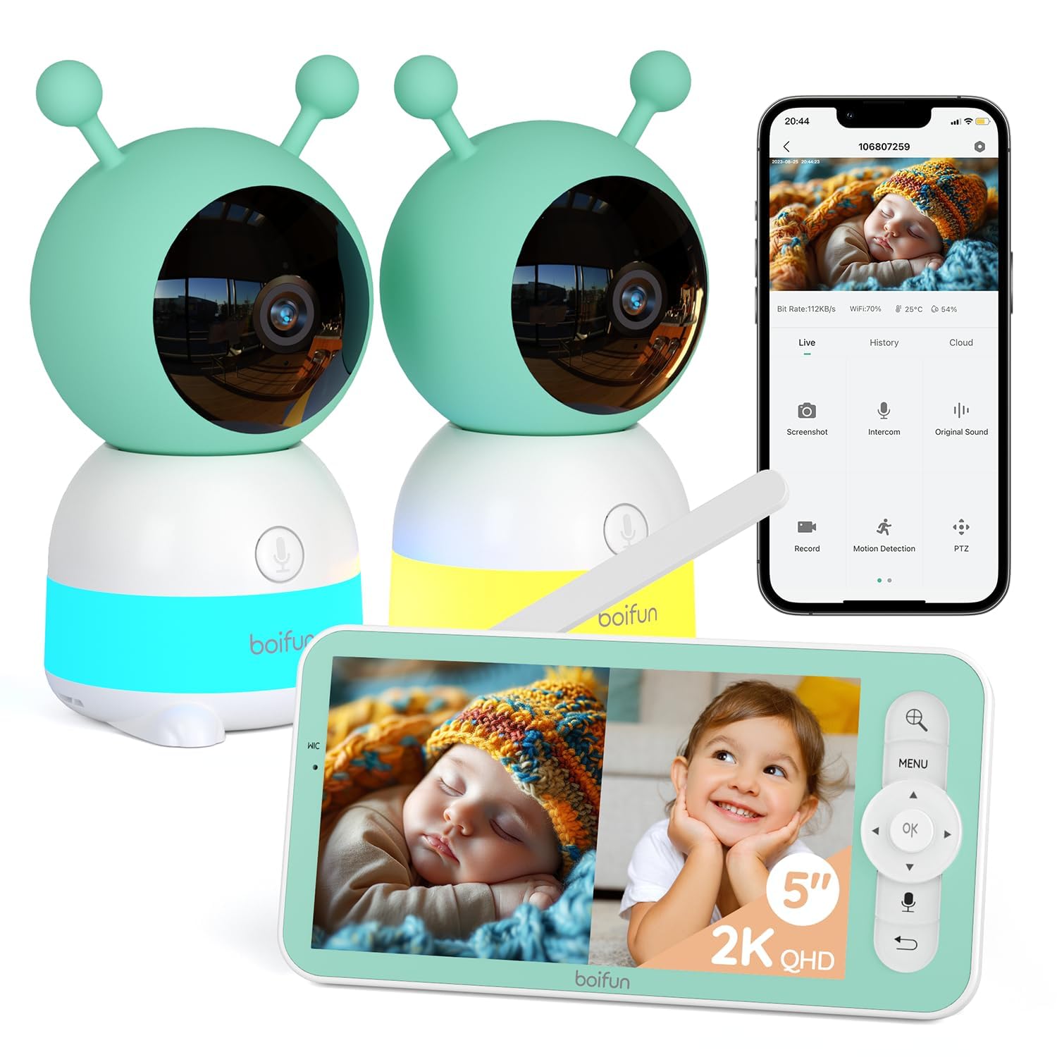 Boifun 2K Wifi Baby Monitor with 2 Cameras, Soothing Night Light, APP & 5" Split-screen Control, Motion/Cries/Noise/Customizable Alarm Zones Detect,