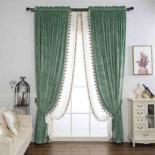 Miniatura 7 de Cortinas de terciopelo verde esmeralda para sala de estar, cortinas con aislamiento térmico y pompones, cortinas de lujo con bolsillo para barra,