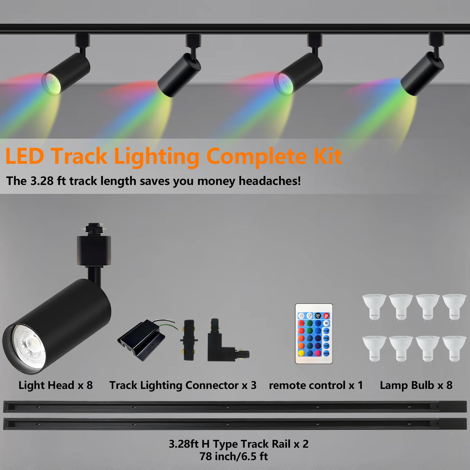 Bravsekai GU10 16-Color RGB Track Lighting Kit, 8-Pack Colour-Changing Spotlights with 2x1.5M H-Rail - Image 2