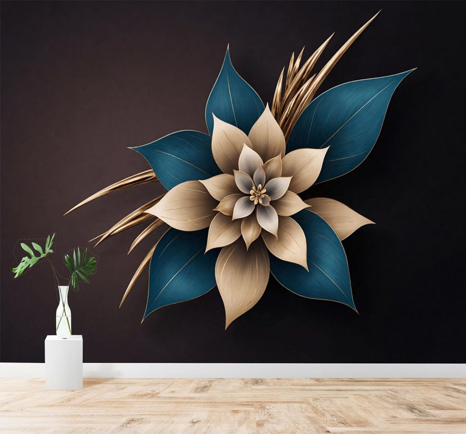 XLMING Minimalist Three Dimensional Elegant Blue and Gold Flowers Petals 3D Wallpaper Premium Textured Silk Study Dining Living Room Bedroom Sofa TV Wall Easy Install-300cm×210cm