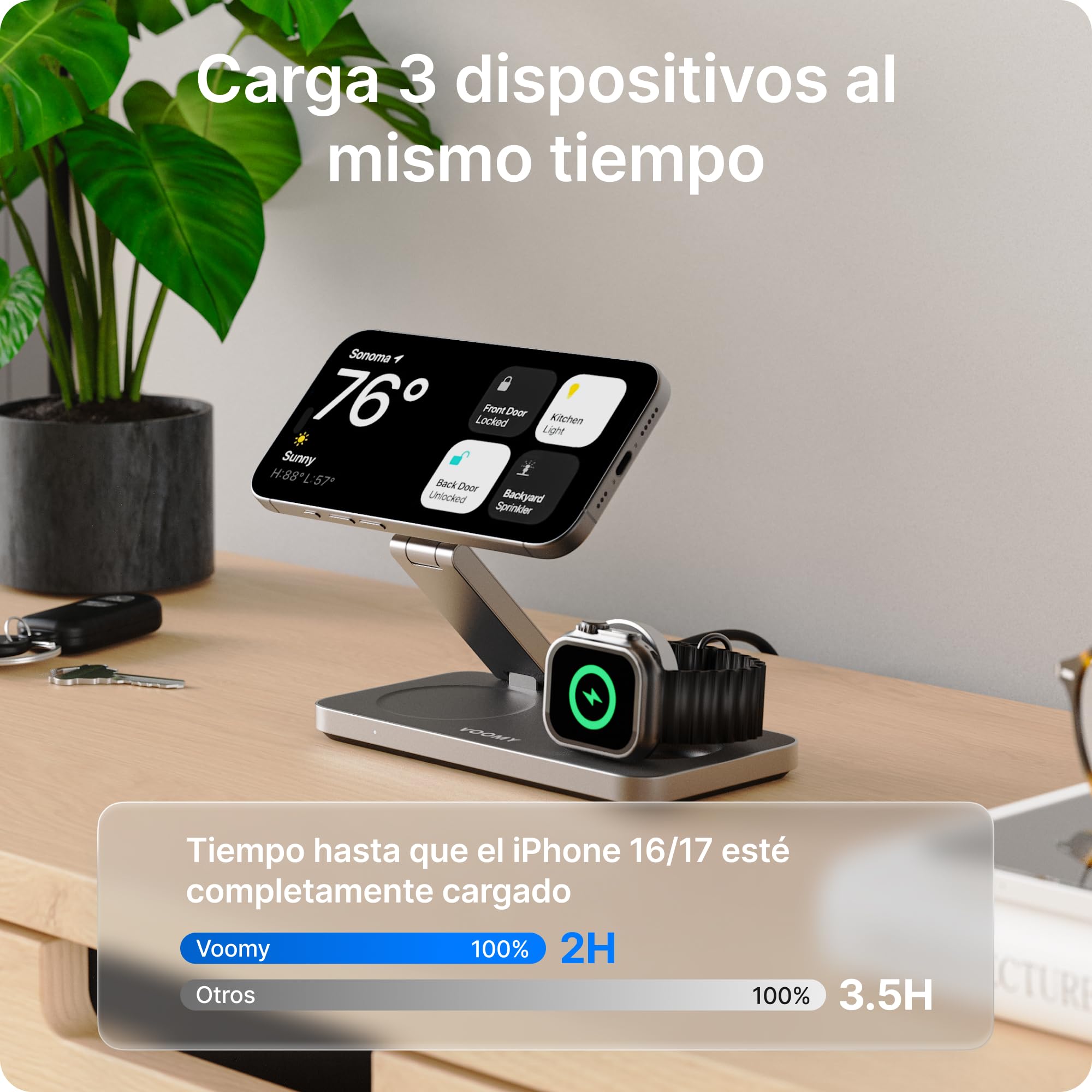 Voomy Carga inalámbrica 3 en 1 MagSafe – Estación de Carga para iPhone, Apple Watch y AirPods – 15W, diseño Plegable, con USB-C y Adaptador – Compatible con MagSafe y Qi