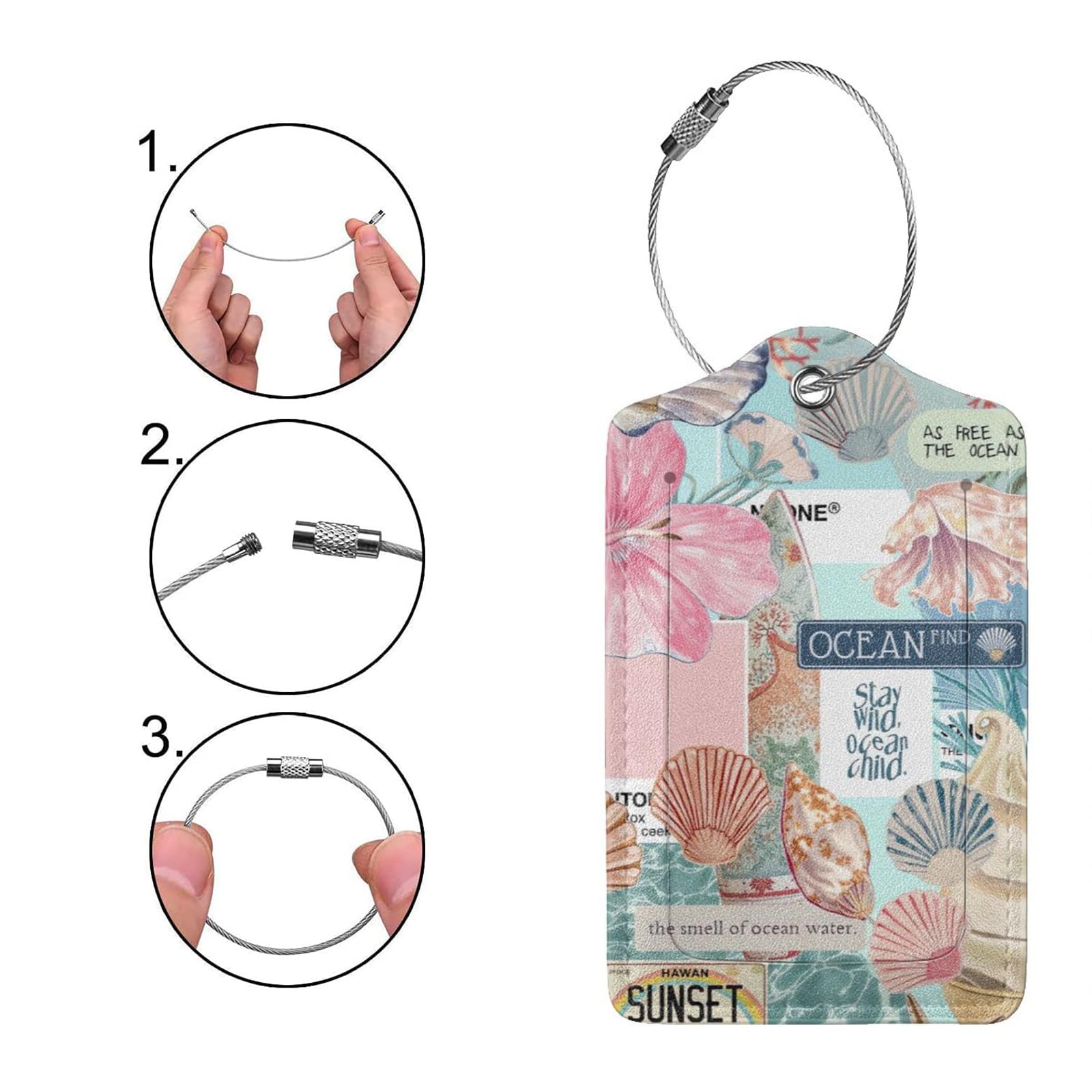 Gepäckanhänger für Koffer, PU-Leder, Taschenanhänger mit Sichtschutz, Adresskarte, Reisezubehör, Sommer, Strand, Collage, 2 Stück
