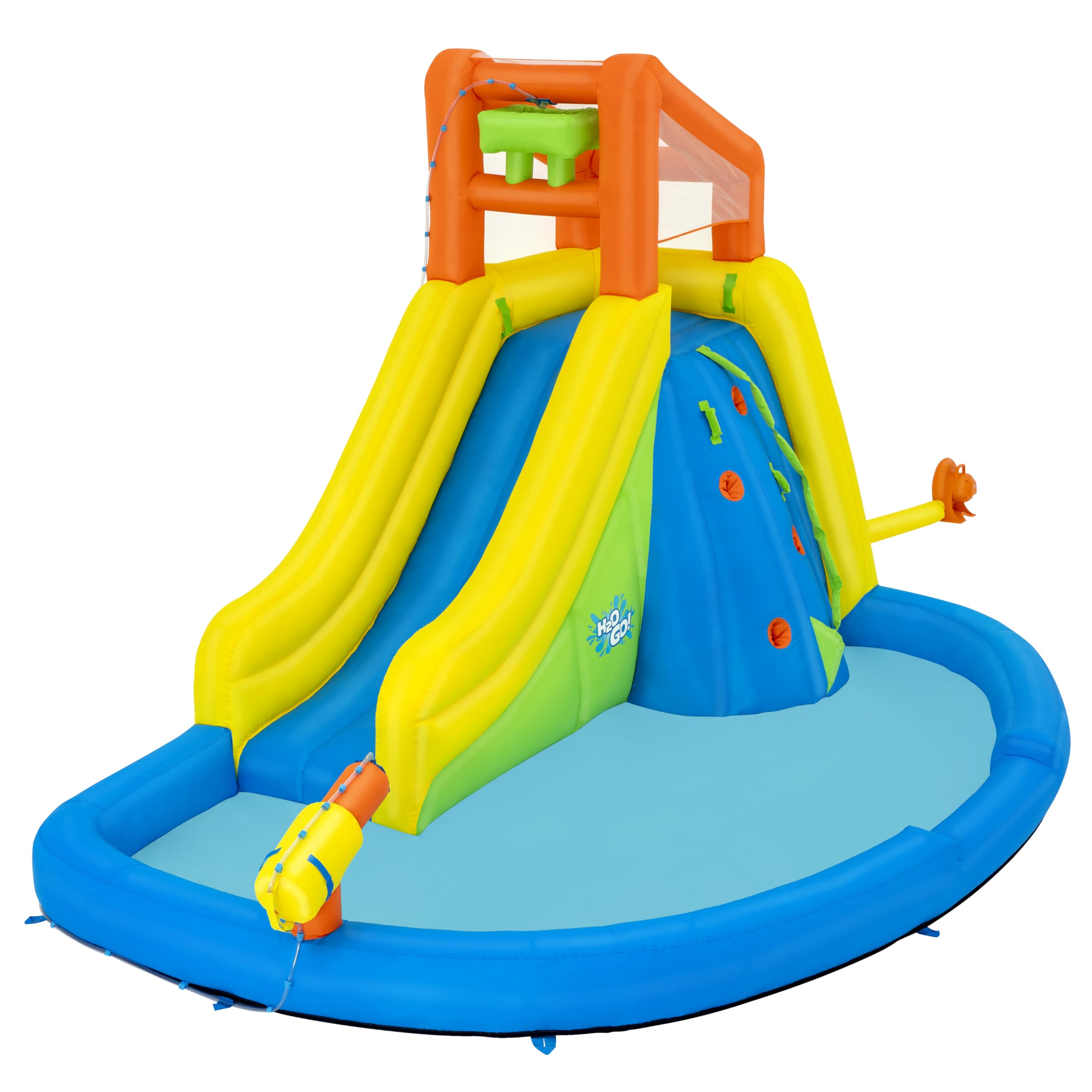 Bestway H2OGO! Mega-Wasserpark Wasserberg, 435 x 286 x 267 cm, für 5 Kinder, Rutsche, Kletterwand, Wasserkanone, Dauergebläse, PVC-beschichtetes Polyester, ab 5 Jahren, Tasche, Reparatur-Set