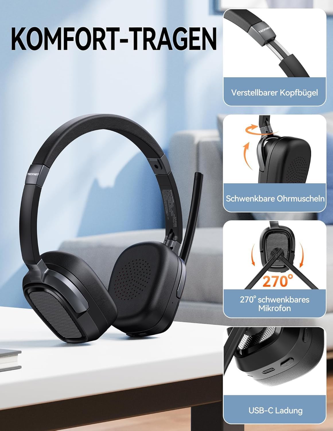 TECKNET Cuffie Bluetooth con Microfono, 50+ Ore Autonomia, Cancellazione Rumore, Doppia Modalità (Bluetooth/USB-A) Cuffie con microfono per PC, telefoni, lavoro a distanza e videoconferenze