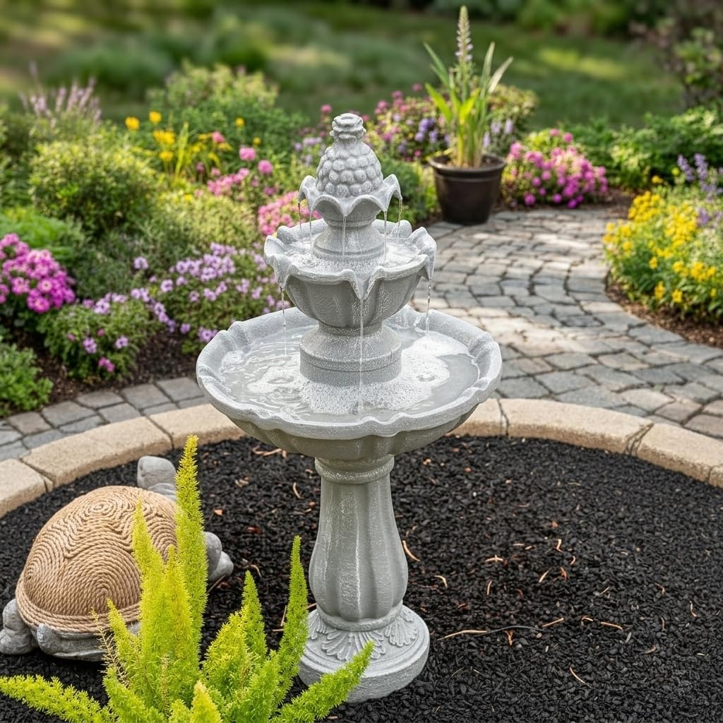 XBrand 36.2" Solar Powered 2-Tier Outdoor Water Fountain, Resin Fountain with Solar Panel Pump, Gray