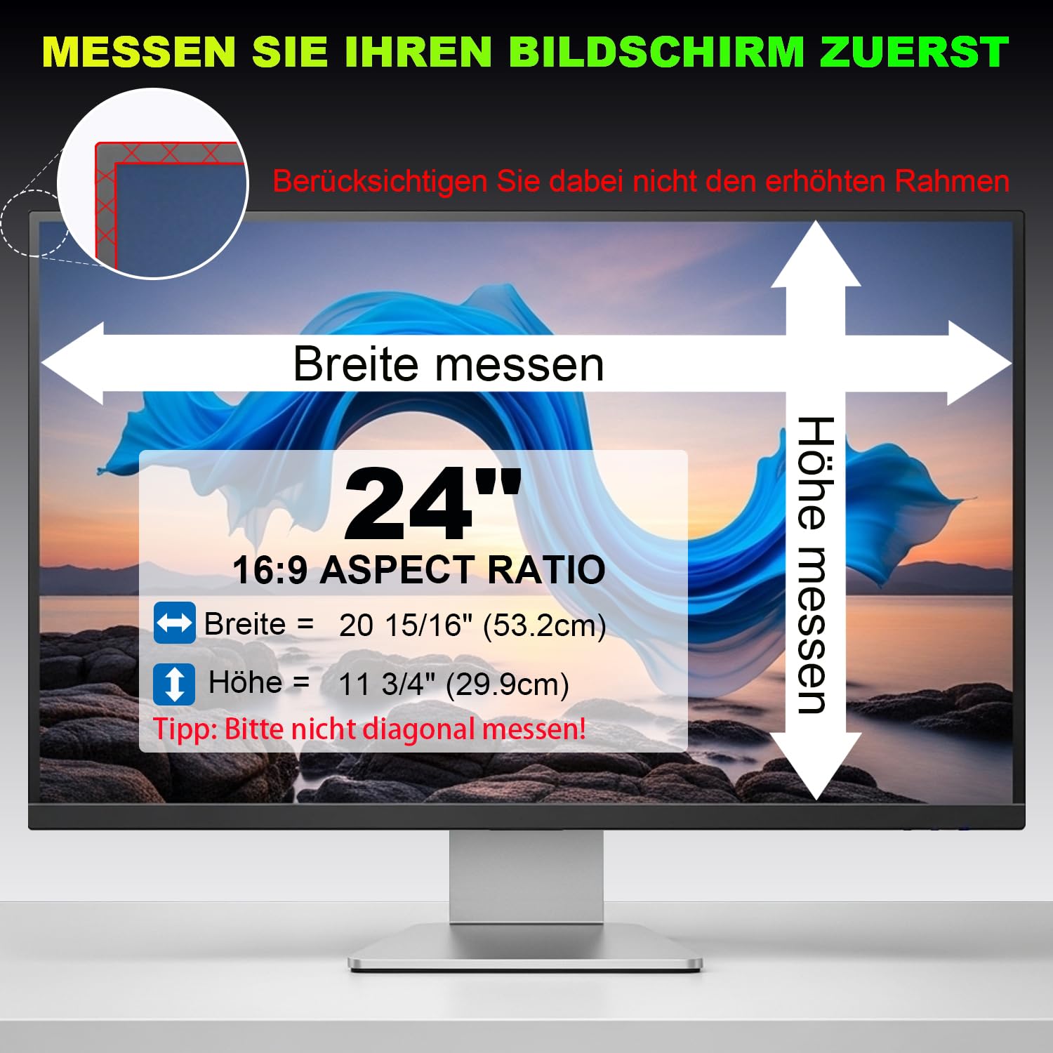 Sichtschutzfolie für 24 Zoll 16:9 (53.2x29.9cm) Monitor - Blaulichtfilter & Blendschutz, Abnehmbar Blickschutzfolie | PC Blickschutzfilter für Büro