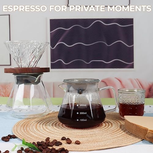 Miniatura 8 de Cafetera para verter sobre 14.8 fl oz de vidrio borosilicato con 50 filtros de papel de cono V60, tapa de vidrio de nuez, jarra de gotero