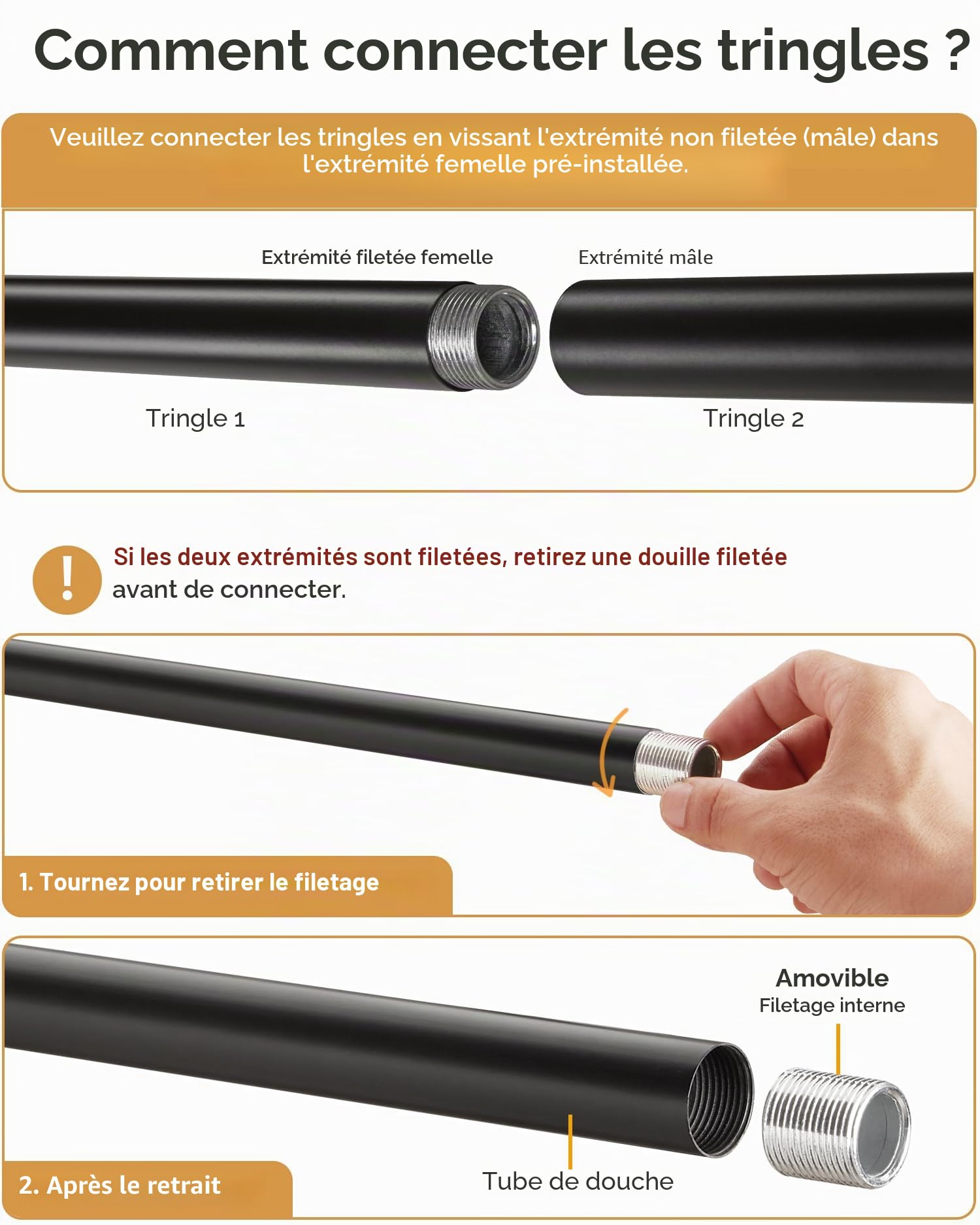 Porte-Rideau de Douche en U Réglable [Côtés : 60-132 cm, Milieu : 76-117 cm] - Barre de Douche Extérieure Anti-Affaissement avec 12 Crochets et Support Plafond