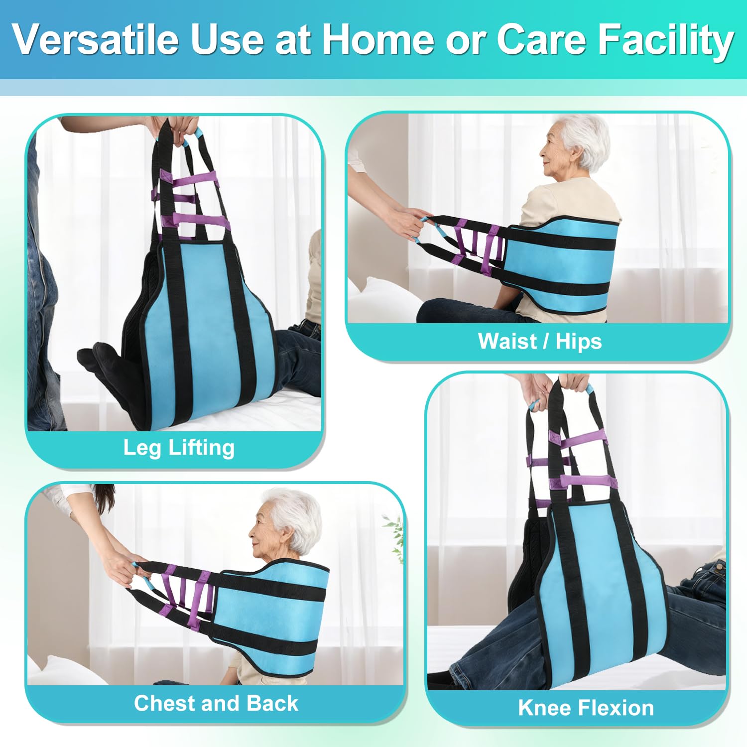 supregear Imbracatura di trasferimento imbottita 90 cm con 6 maniglie, Ausilio per riposizionamento anziani, girare a letto, alzarsi e supporto mobilità quotidiana, Aqua