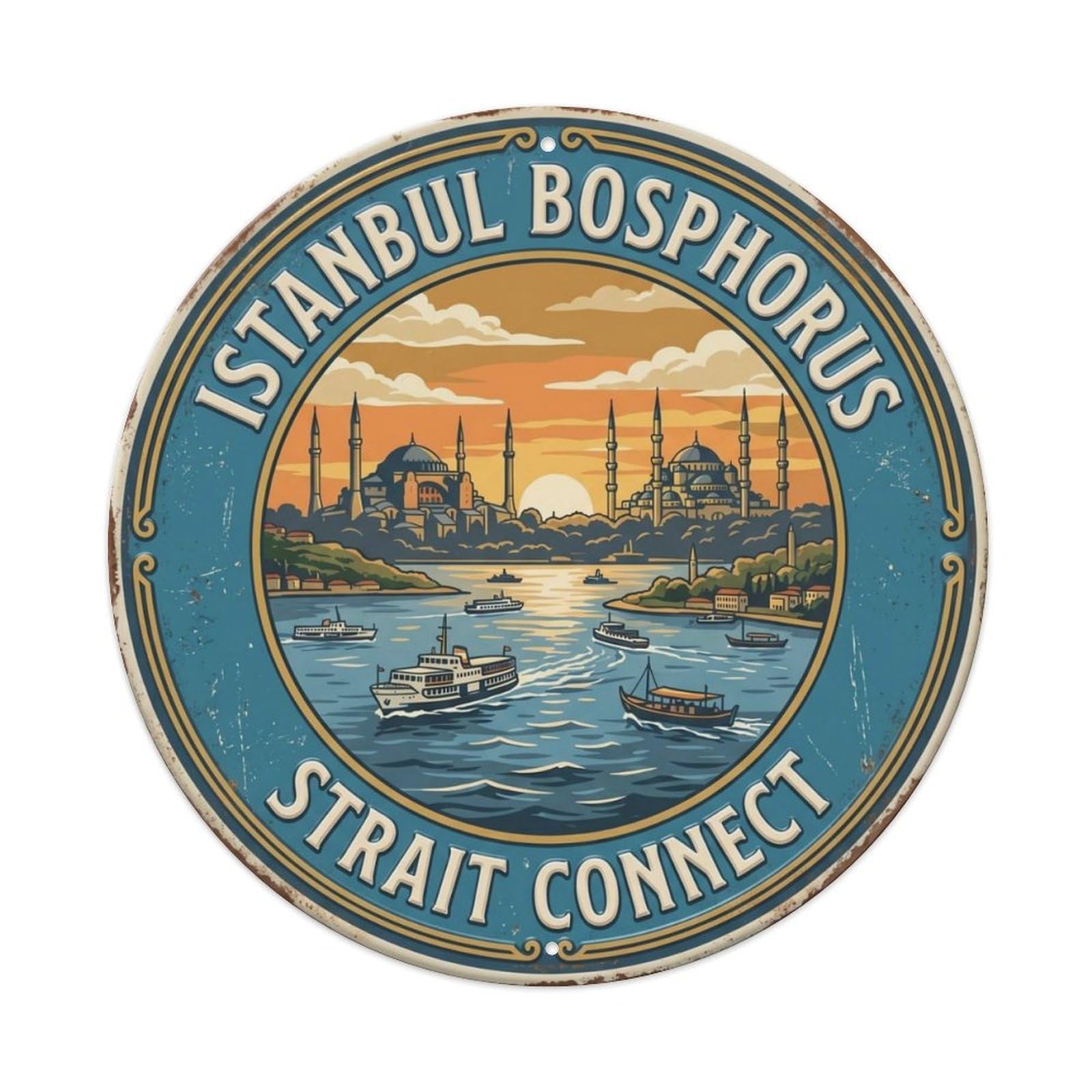 Bosphorus Strait Connect Istanbul Waterway Metal Tin Sign Plaque Wall Decor for Cafe, Club Bar, Office, Home Garden Round Metal Poster 8x8Inch