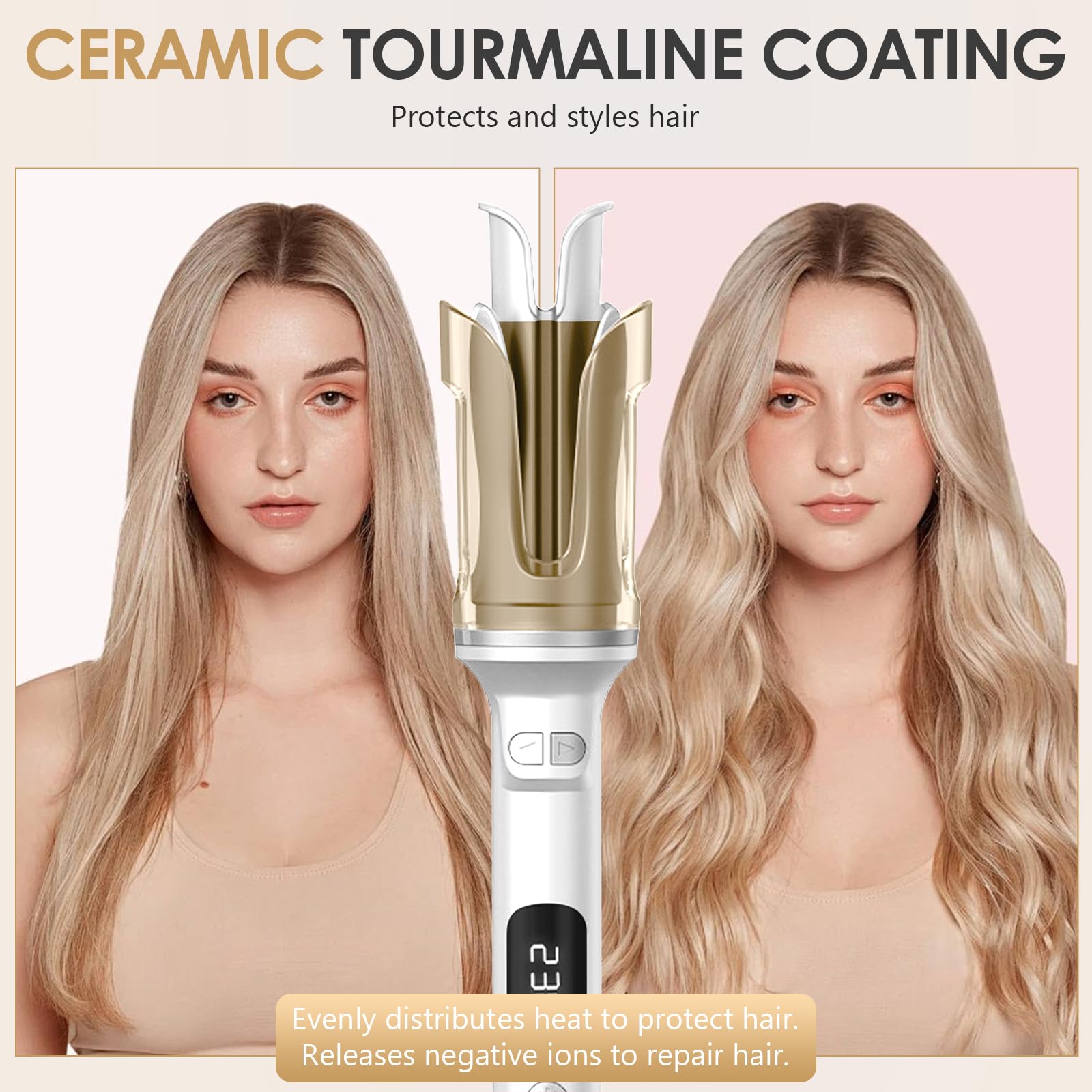 Fer a Boucler Cheveux Automatique, Fer a Friser avec 6 Réglages de Température avec LCD Écran, Friseur Cheveux Femme, Boucleur Céramique pour Cheveux Longs/Courts (Blanc)