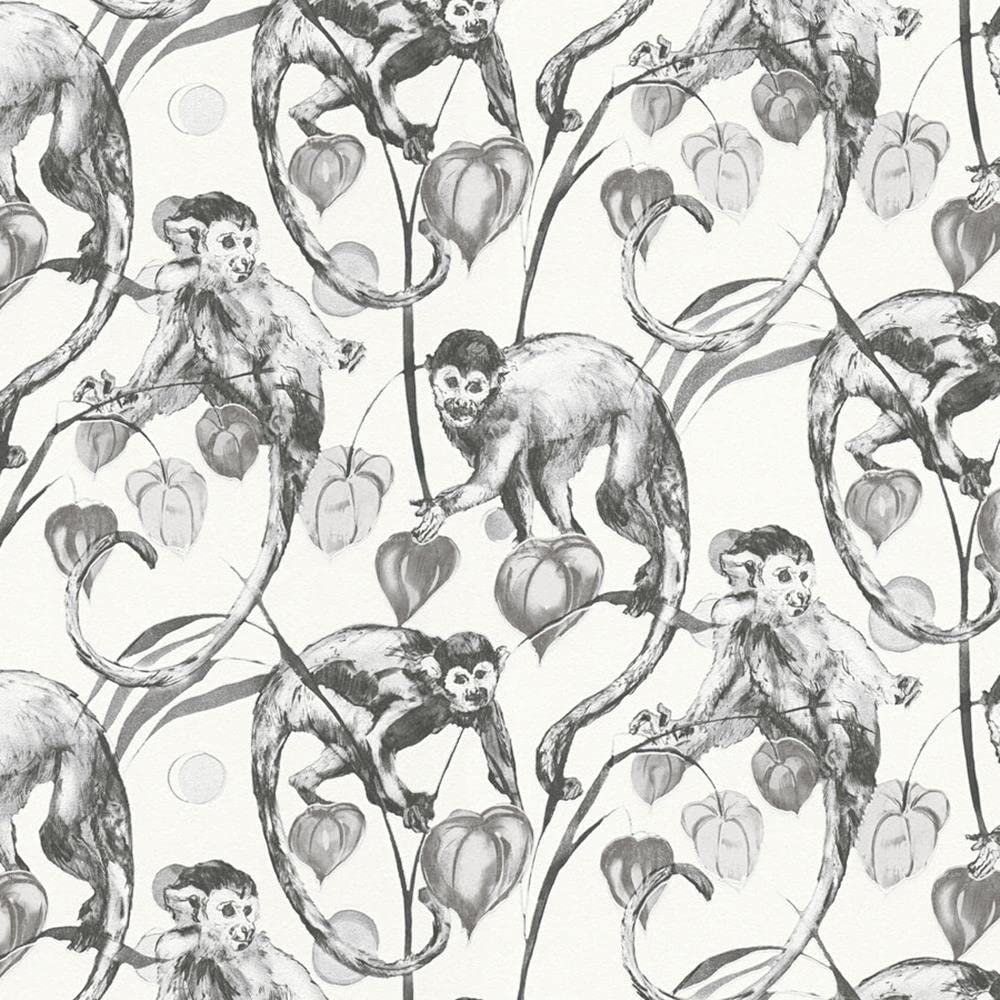 Yöl White-Sample Sample Monkey Jungle Wallpaper Textured Embossed Tropical Vinyl Black White