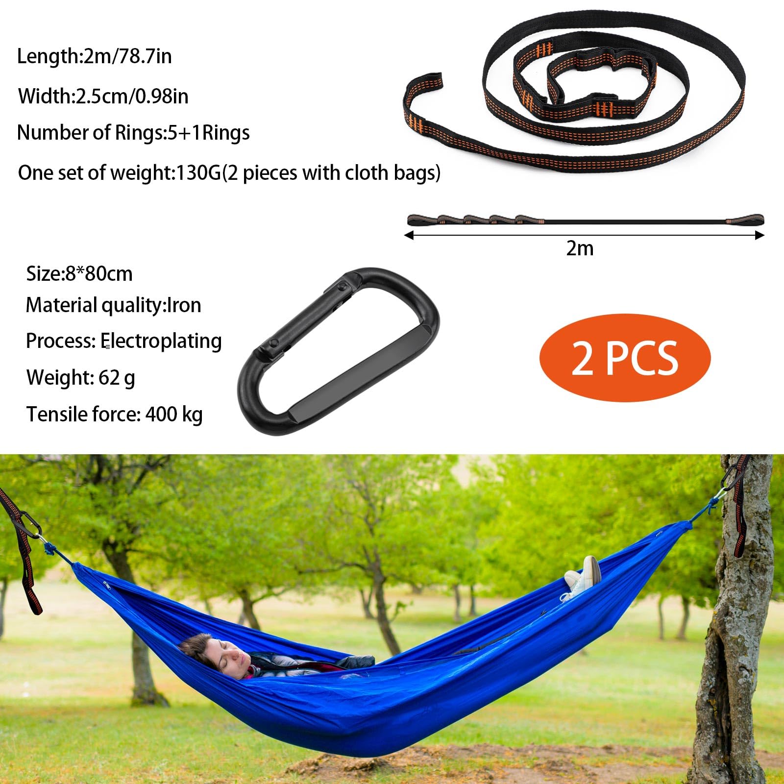 2 Pièces Sangles Pour Hamac 2m X 2,5cm - Fixation Hamac Avec Mousquetons, Charge 200kg, Idéal Camping Et Siège Suspendu