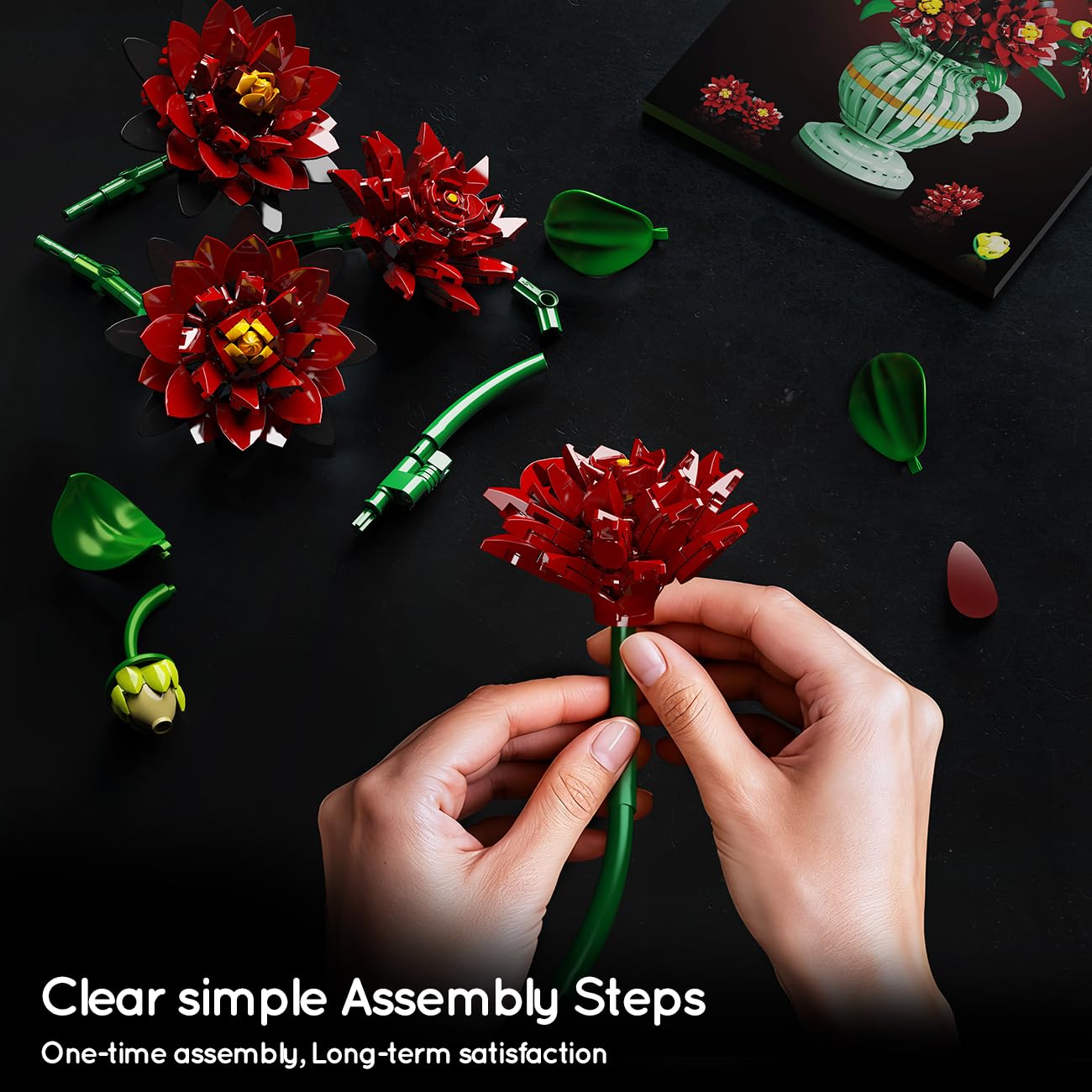 PLAXSOON Kit de Construction de Fleurs Dahlia avec Vase, Collection Botanique Bouquet de Fleurs en Blocs, 1482 PCS Kit Bonsaï Artificiel Gothique Déco Maison Cadeau pour Elle Adultes Enfants Filles