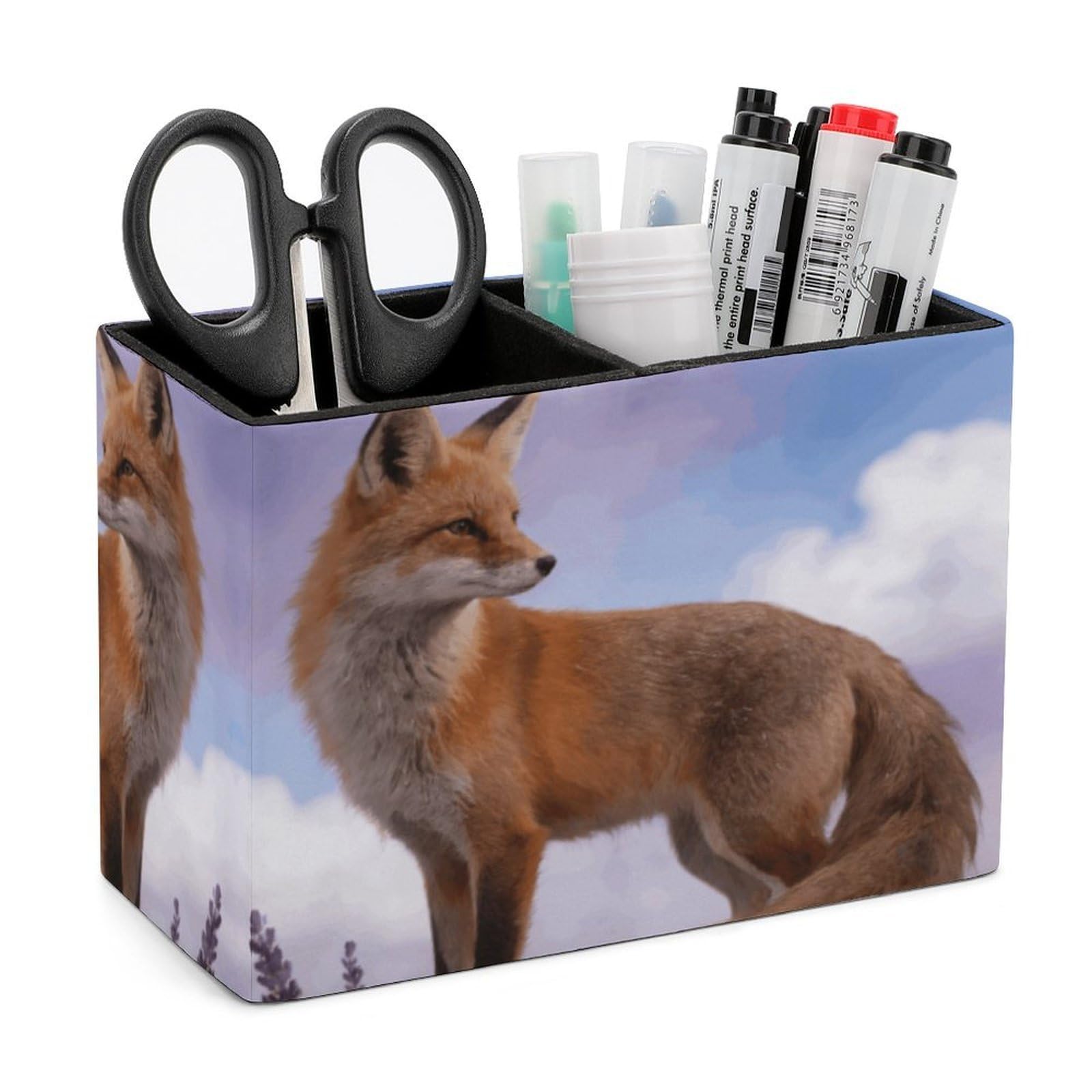 LZQPOEAS Exquisite Patterns PU Leather Pen Holder, Multifunctional Desktop Organizer Caddy with 2 Compartments, Fox Pencil Cup Makeup Brush Holder for Office Home