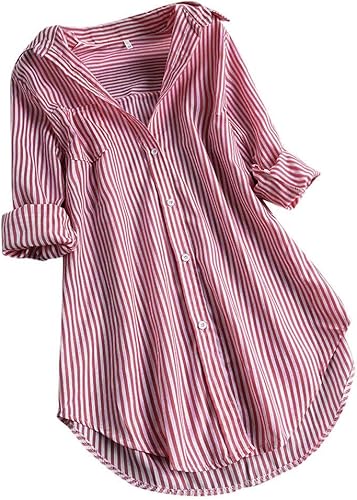 Striped Button Down Tunic Tops for Women, Dressy Casual Blouses Long Sleeve V Neck Shirts Stylish Loose Long Top
