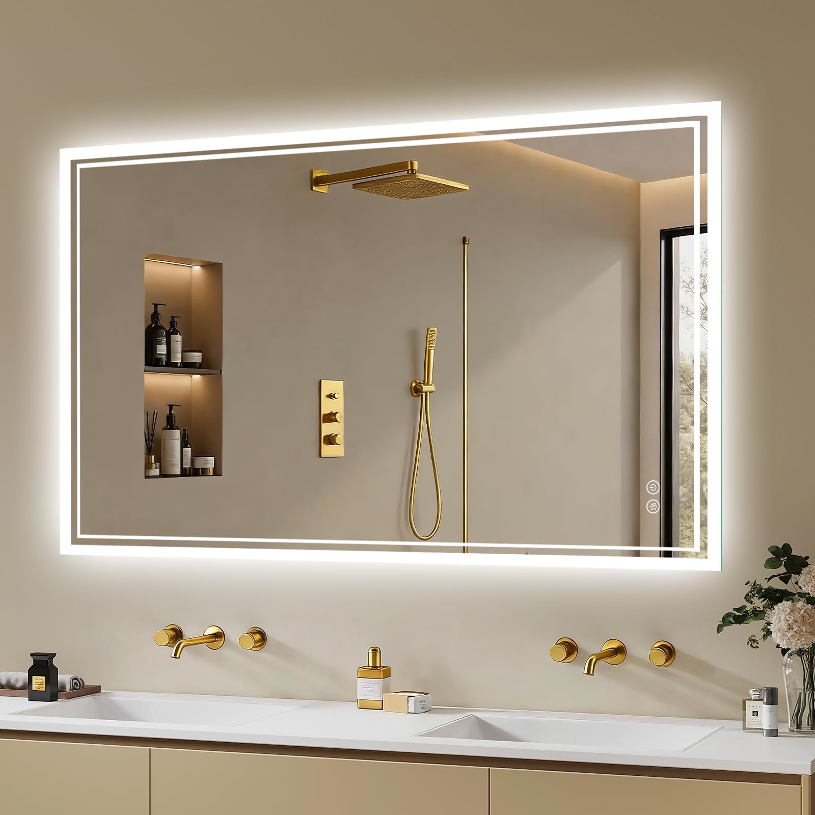 Badspiegel-mit-Beleuchtung 100x70cm - Badezimmer Spiegel mit Beschlagfrei - LED Badezimmerspiegel mit Touch-Schalter,Dimmbar,3 Lichtfarben Wandspiegel Horizontal/Vertikal