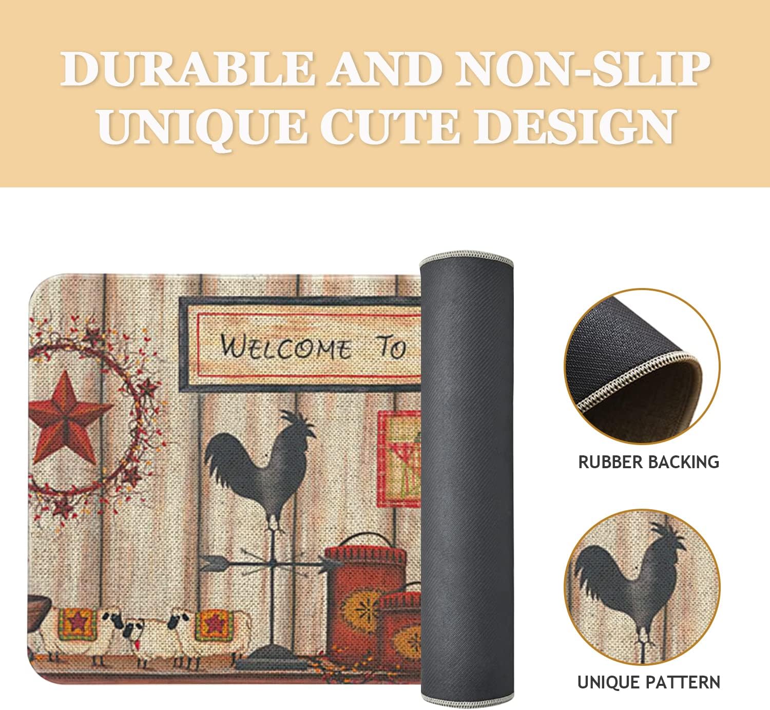 Roszwtit Farmhouse Kitchen Rugs and Mats, Welcome to The Farm Rooster Door Mat, Seasonal Washable Non-Slip Floor Mats for Home Kitchen Decor 30x17 Inch