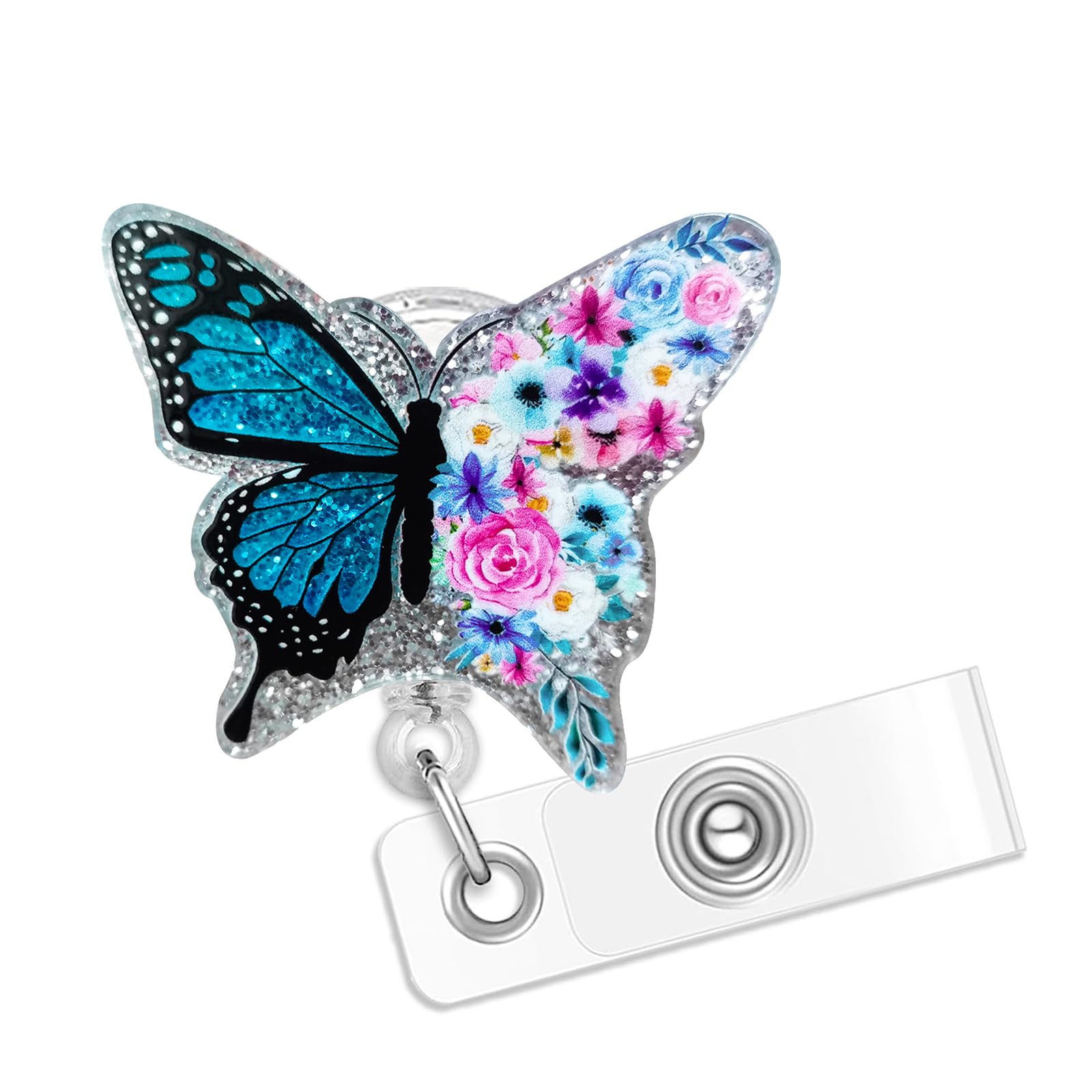 Blue Butterflies and Flowers Badge Reel, Funny Badge Reels Retractable, Name Badge Holder Reel ID Clip, Cute Animal Pediatric Decorative for Nurse