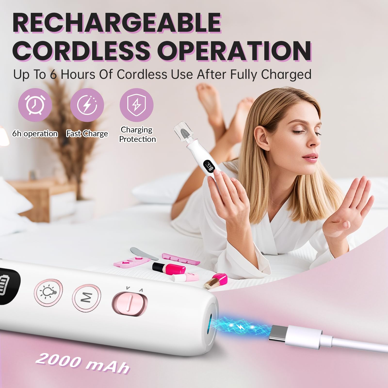 Elektrische Nagelbohrmaschine, Kabellos 2000mAh Wiederaufladbare Tragbare Nagelfeile 12 in 1 Kit für Dicke Zehennägel, 10 Geschwindigkeiten Nagelbohrmaschine Professionelle Maniküre Pediküre für Hand