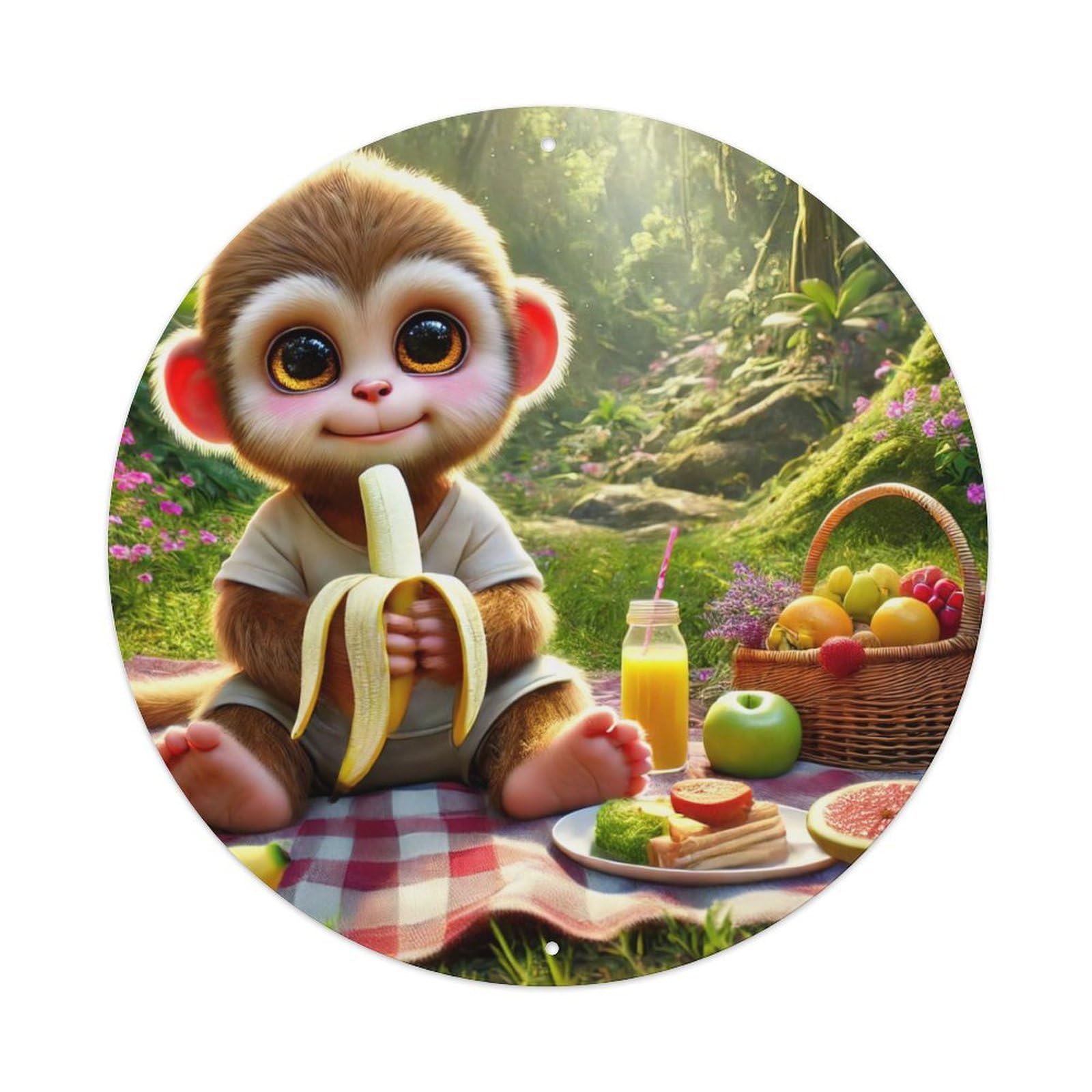 Animal Artwork Little Monkey Eating Banana Vintage Metal Tin Sign Plaque Wall Decor for Cafe, Club Bar, Office, Garden Metal Poster 8x8Inch
