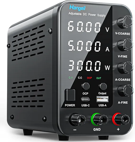 DC Power Supply Variable, 60V 5A Bench Power Supply with Encoder Coarse & Fine Adjustments Knob, Adjustable Switching Regulated lab Power Supply with 5V 3.6A USB & Type-C Quick-Charge