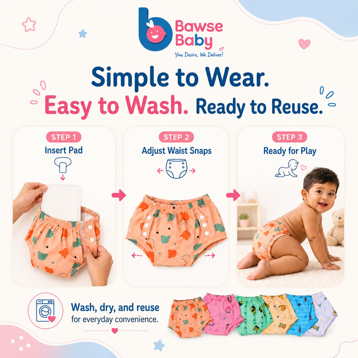 Bawse Baby Unisex Potty Training Underwear for Babies & Toddlers, Pack of 3 | 3-Layer Premium Cotton Padded Training Pants | Reusable, Soft & Breathable | Absorbent for Small Leaks | Diaper-Free Training 2