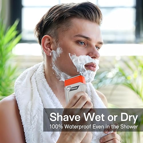 Miniatura 5 de Afeitadora de aluminio, maquinilla de afeitar eléctrica compacta para hombres, recargable por USB-C, resistente al agua e inalámbrica con estuche de