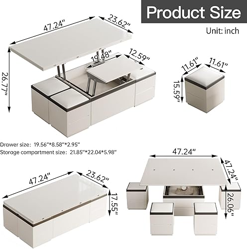 Miniatura 2 de Guyii Mesa de Centro Extensible con 4 Taburetes de Almacenamiento, Mesa de Centro Multifuncional con Tapa Elevable, Mesa de Comedor Plegable que