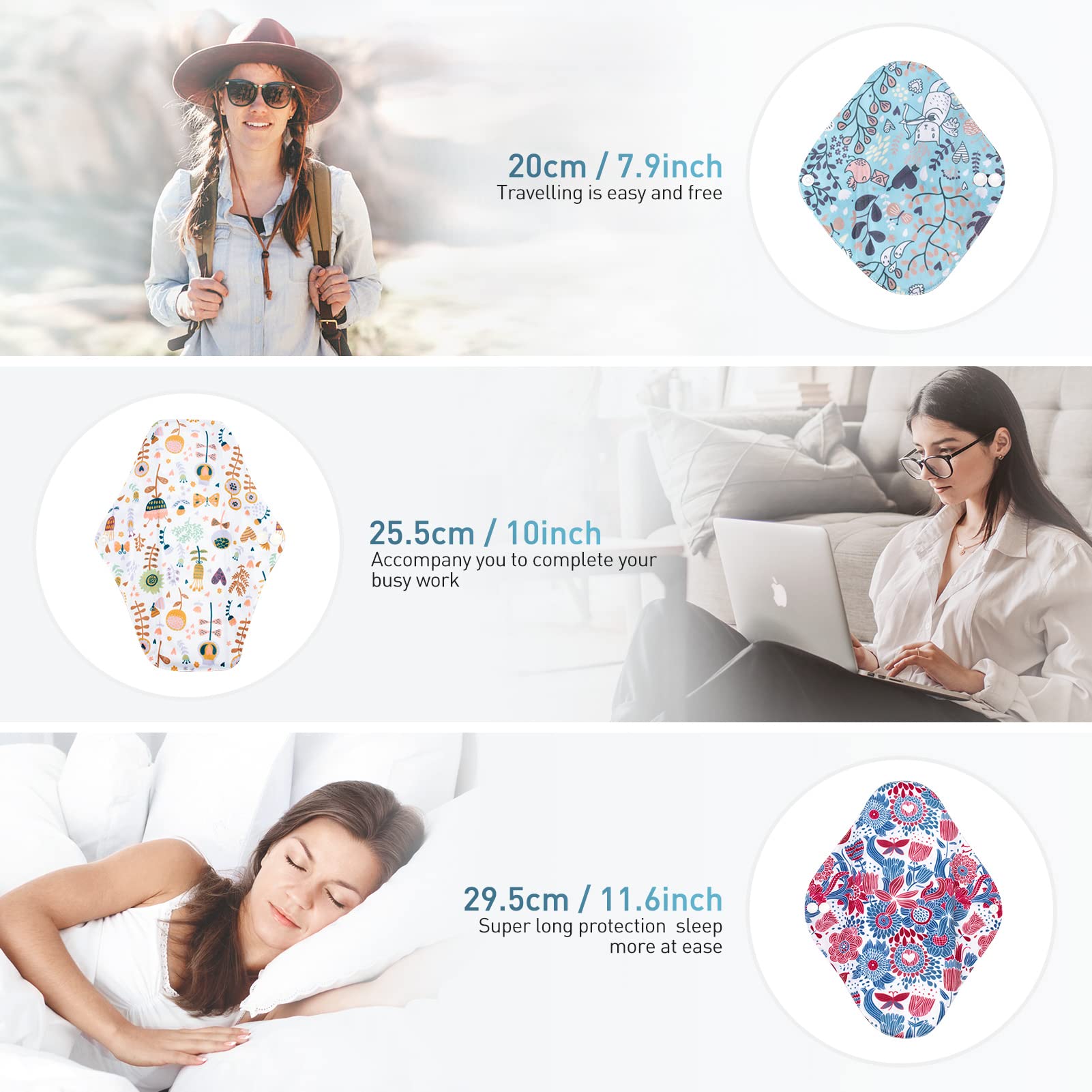Viedouce - Toalla higiénica lavable, juego de 9 toallas higiénicas reutilizables, toalla higiénica de tela, protege slip lavable con 2 bolsas de almacenamiento impermeables